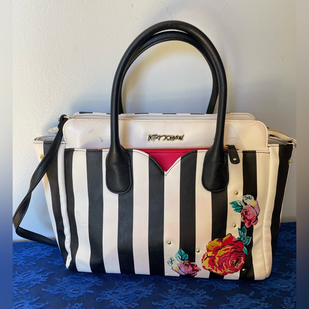 Betsey Johnson Black & White Striped Bag with Crossbody Strap